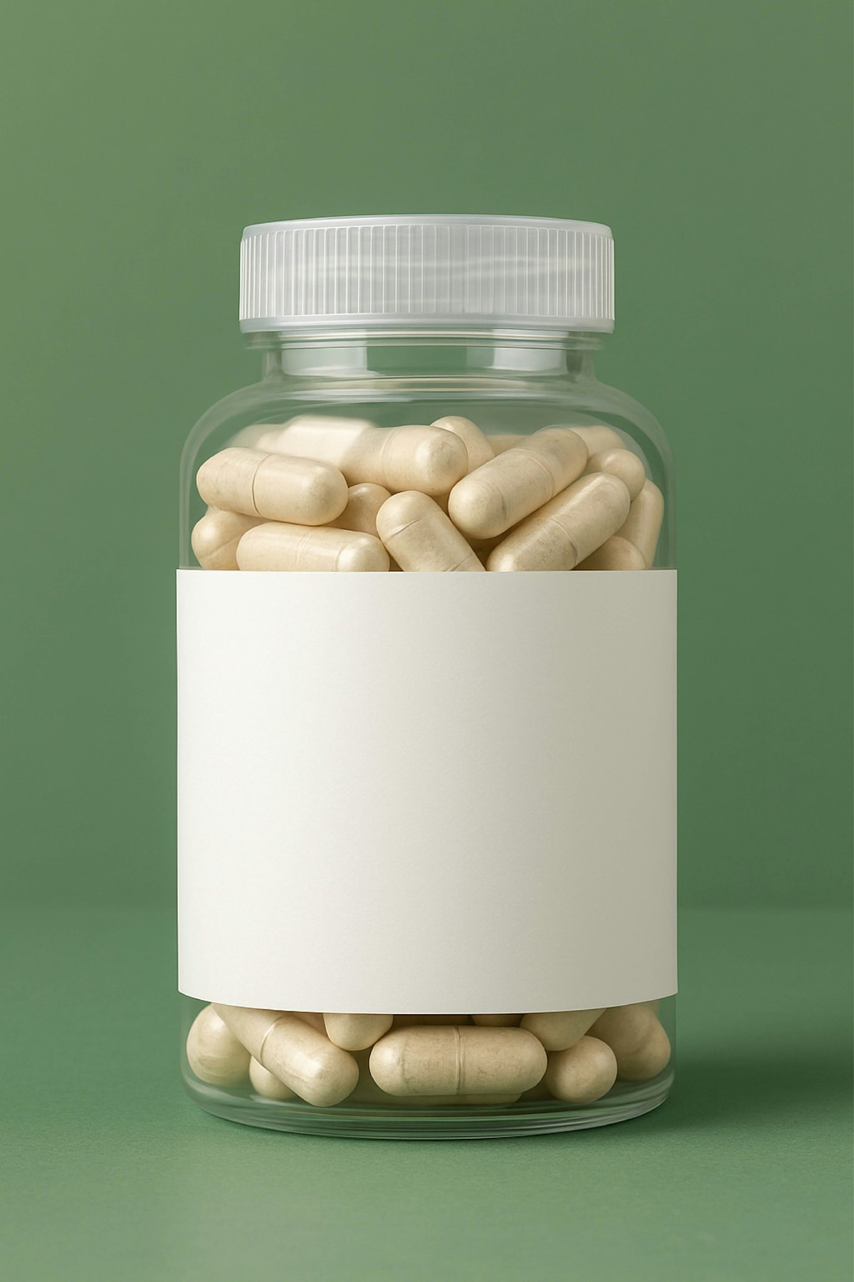 A supplement bottle of capsules with a clean blank label